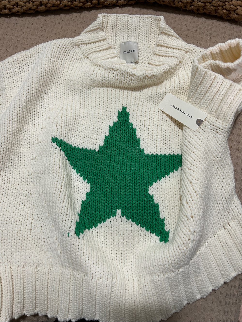 NWT Maeve Cream Knit Turtleneck Sweater with Green Star